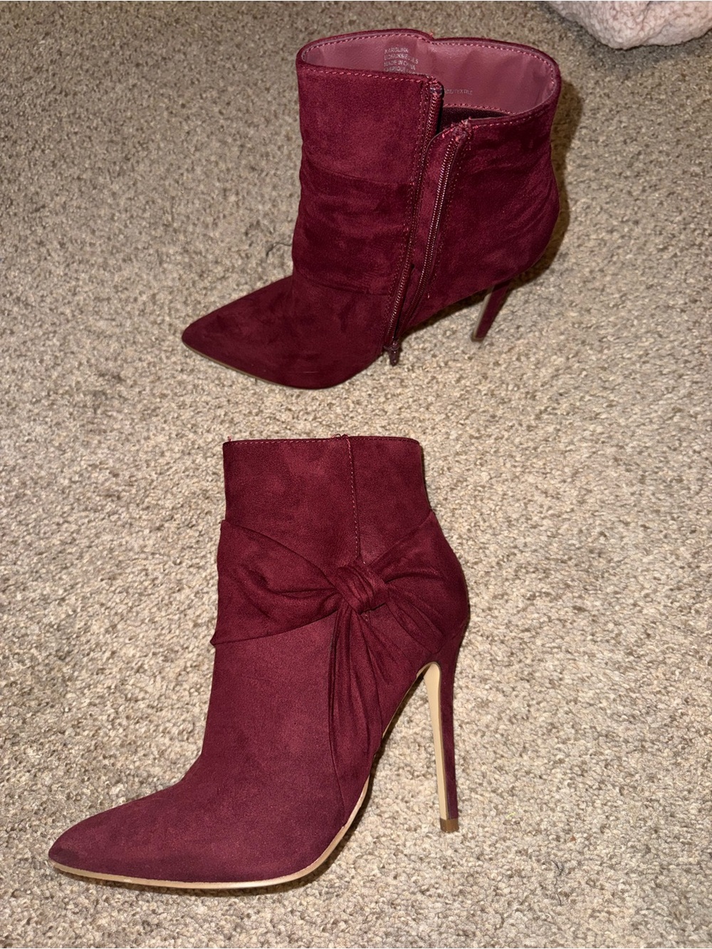 Shoe Dazzle Burgundy Suede Pointed Stiletto Ankle Boots with Side Knot